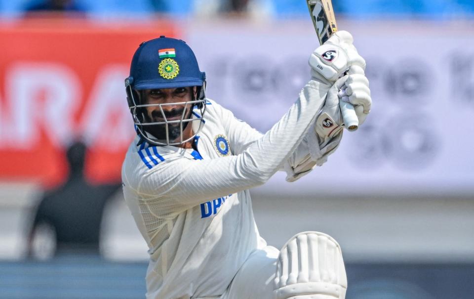 India's Jasprit Bumrah plays a shot during the second day of the third Test cricket match between India and England at the Niranjan Shah Stadium in Rajkot on February 16, 2024