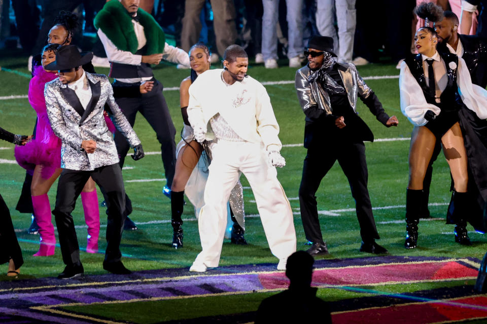 Usher performs at Super Bowl LVIII held at Allegiant Stadium on February 11, 2024 in Las Vegas, Nevada. / Credit: Christopher Polk/Billboard via Getty Images