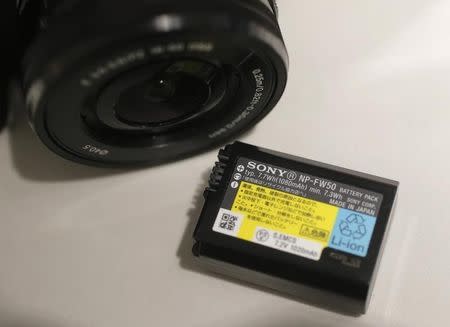 Sony's lithium-ion battery for its digital camera is seen during a photo opportunity at its showroom in Tokyo November 28, 2012. REUTERS/Kim Kyung-Hoon