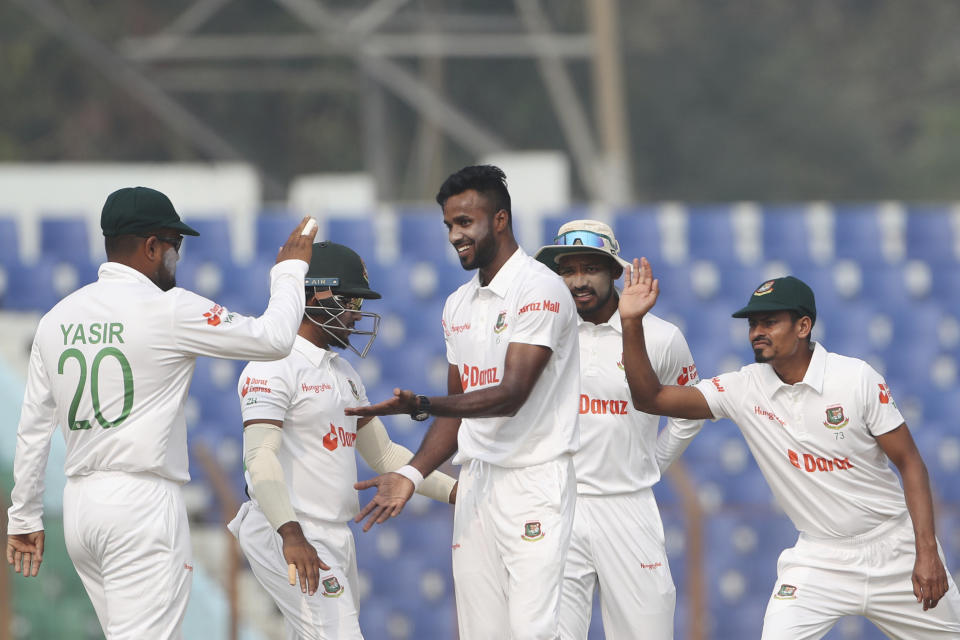 Bangladesh's Ebadot Hossain center celebrates a wicket of India's Shreyas Iyer during the first Test cricket match day two between Bangladesh and India in Chattogram Bangladesh, Thursday, Dec. 15, 2022. (AP Photo/Surjeet Yadav)