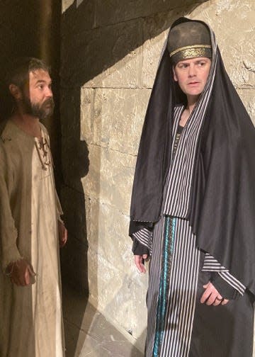 Barabbas (played by Michael Williams), left, secretly meets with Joseph of Arimathea (played by Chris Smith) in "33 A.D.", opening March 2 at Ragtown Gospel Theater in Post. For information visit Ragtown.com, or call (877) 724-8696.