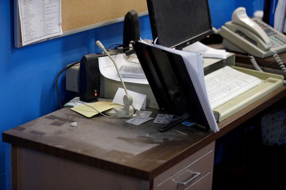 PHOTO: An empty spot on reporter Phyllis Zorn's desk shows where the tower for her computer sat before law enforcement officers seized it in a raid on the Marion County Record, Aug. 13, 2023, in Marion County, Kan. (John Hanna/AP)