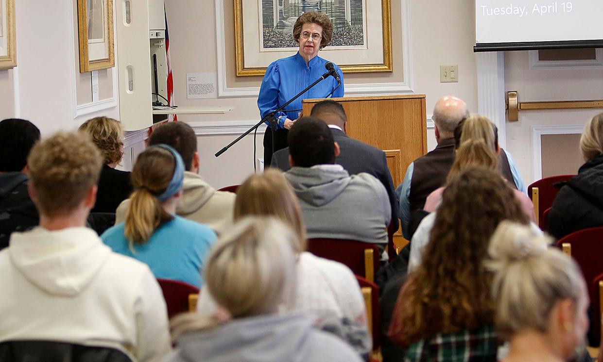 Gail Rice, a former prison ministry worker and sister of a police officer killed in the line of duty, speaks at Ashland University's Life Beyond Death event, a discussion of conservatives against the death penalty on Tuesday, April 19, 2022. TOM E. PUSKAR/TIMES-GAZETTE.COM