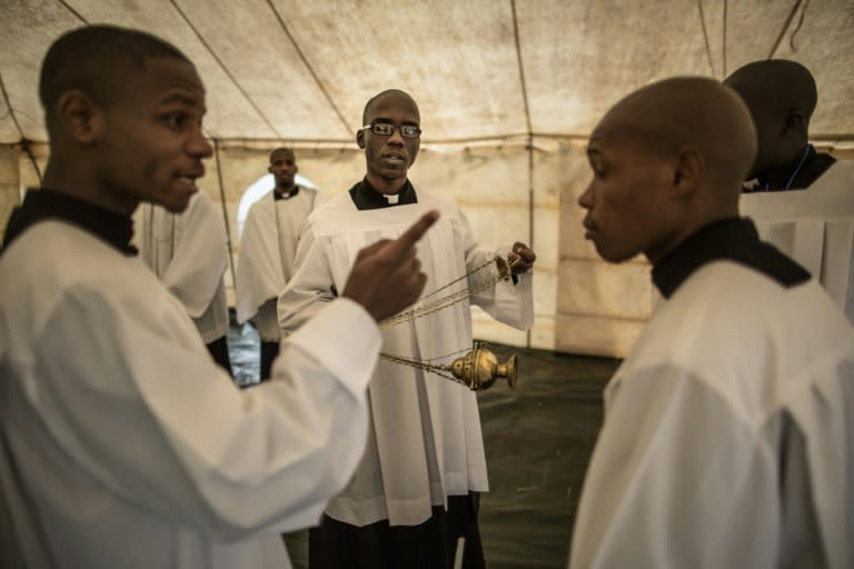 Catholic priests prepare for the beatification mass for South African martyr Benedict Daswa in Thohoyandou, on September 13, 2015