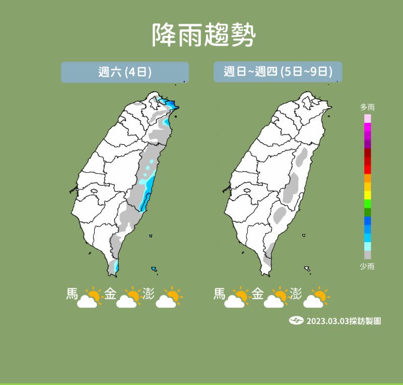 ▲明日迎風面的東半部有零星短暫雨，但下週日（3/5）後水氣更少，預期未來一週都是晴到多雲或是多雲到晴的穩定天氣。（圖／中央氣象局提供）