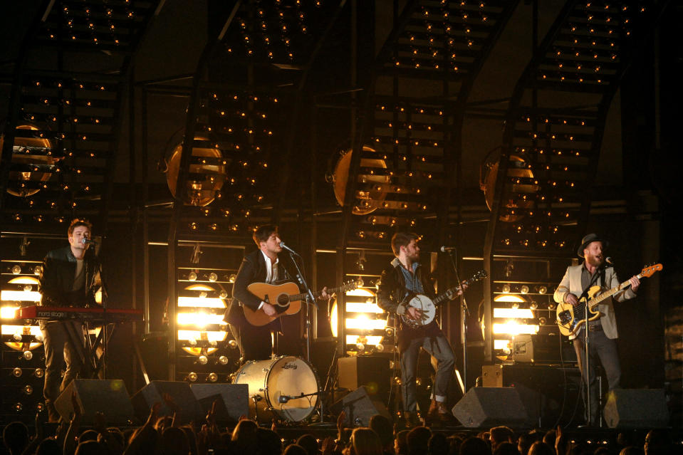 Mumford & Sons perform at the 55th annual Grammy Awards on Sunday, Feb. 10, 2013, in Los Angeles. (Photo by John Shearer/Invision/AP)