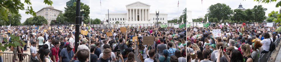 In this combo photo, protesters gather outside the Supreme Court in Washington, Friday, June 24, 2022. The Supreme Court has ended constitutional protections for abortion that had been in place nearly 50 years, a decision by its conservative majority to overturn the court's landmark abortion cases. (AP Photo/Jacquelyn Martin)