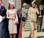 <p>Kate first wore this gold Alexander McQueen lace dress to celebrate the Queen's diamond Jubilee in June 2012, but re-wore the dress sans belt to a garden party at Buckingham Palace in June 2014. </p>