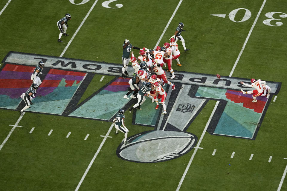 Kansas City Chiefs place kicker Harrison Butker (7) unsuccessfully attempts a field goal against the Philadelphia Eagles during the first half of the NFL Super Bowl 57 football game, Sunday, Feb. 12, 2023, in Glendale, Ariz. (AP Photo/David J. Phillip)
