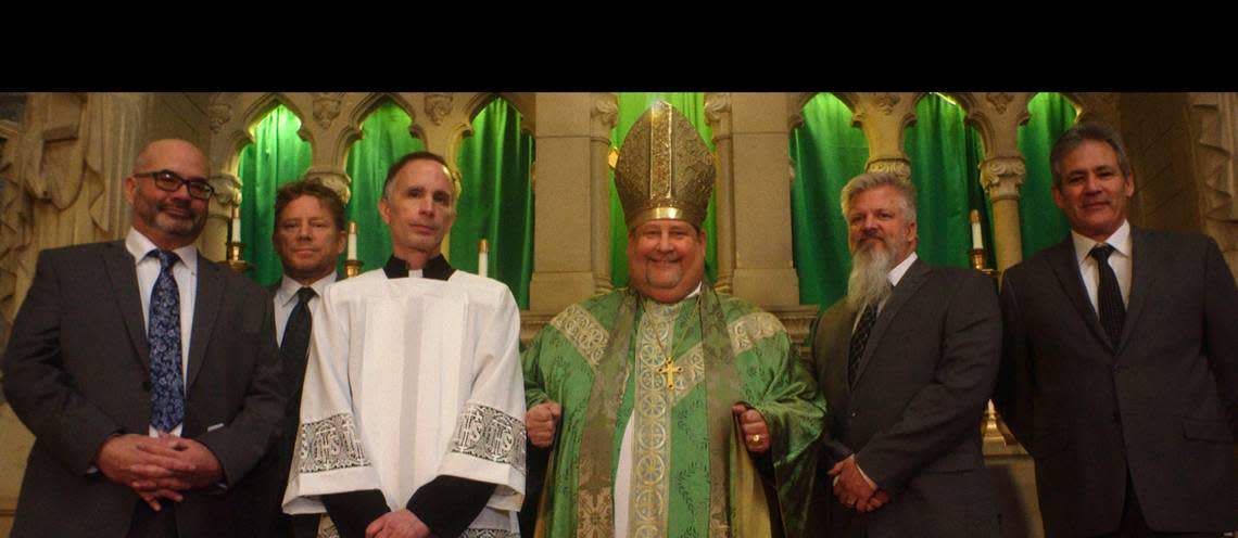 The cast of “Procession,” from left, Joe Eldred, Ed Gavagan, Michael Sandridge, Tom Viviano, Dan Laurine and Mike Foreman. 