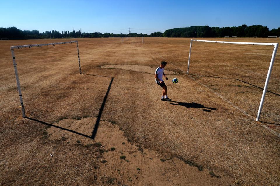 A general view of dry grass on the football pitches at Hackney Marshes (Victoria Jones/PA) (PA Wire)