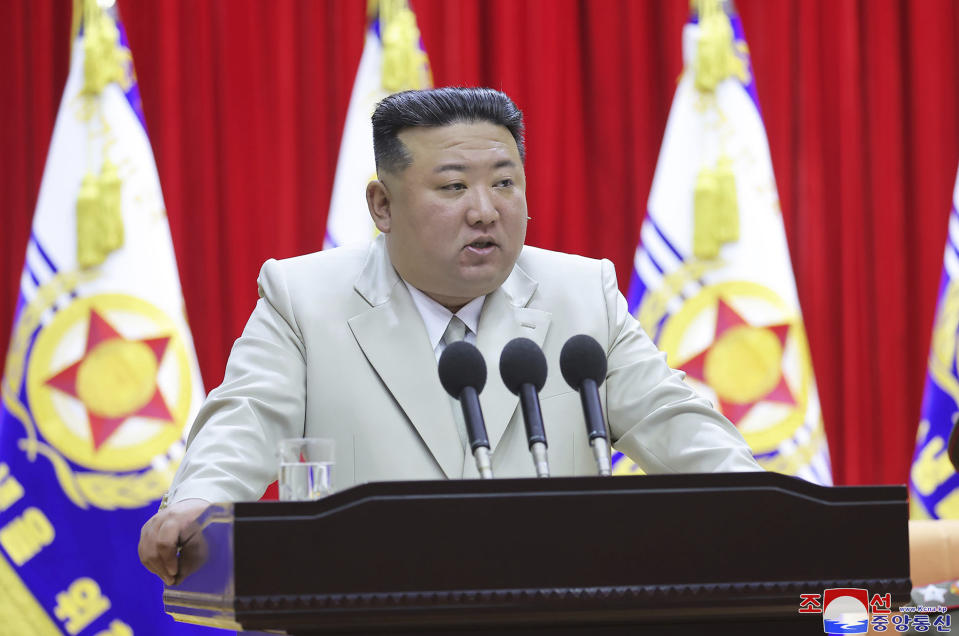 This photo provided on Tuesday, Aug. 29, 2023, by the North Korean government, North Korean leader Kim Jong Un speaks during his visit to the navy headquarter in North Korea, on Aug. 27, 2023. Independent journalists were not given access to cover the event depicted in this image distributed by the North Korean government. The content of this image is as provided and cannot be independently verified. Korean language watermark on image as provided by source reads: "KCNA" which is the abbreviation for Korean Central News Agency. (Korean Central News Agency/Korea News Service via AP)