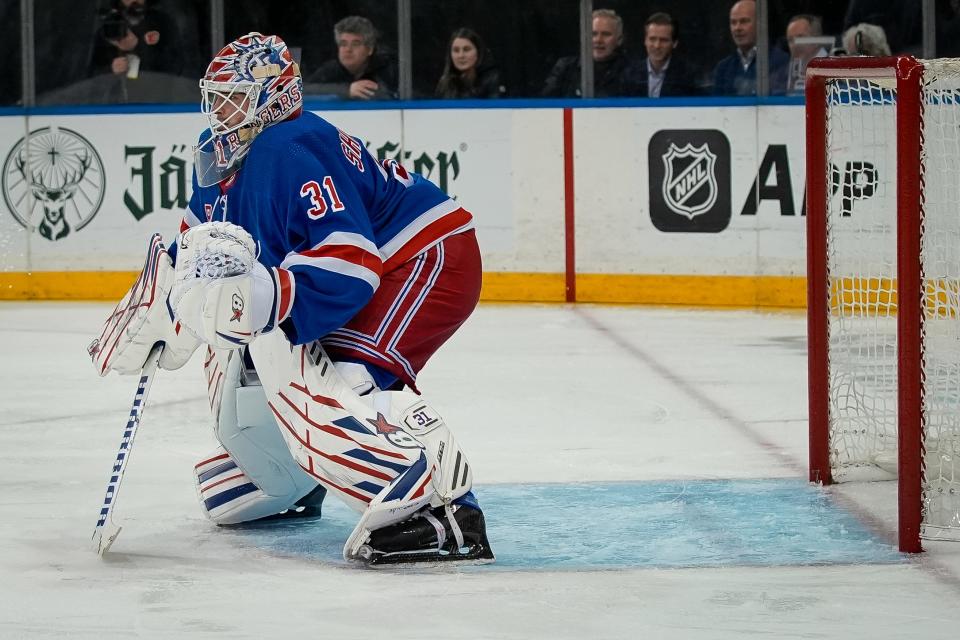 New York Rangers goaltender Igor Shesterkin (31) during the third period an NHL hockey game against the Calgary Flames on Monday, Feb. 12, 2024, in New York.