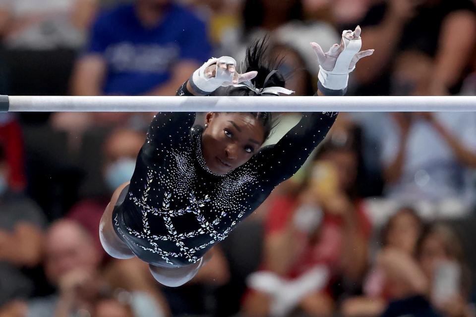 Simone Biles competes in the uneven bars at the U.S. Gymnastics Championships at SAP Center.