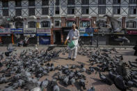 A man offers water to pigeons at a market in Srinagar, Indian controlled Kashmir, June 16, 2022. The centuries-old tradition of pigeon keeping has remained ingrained to life in the old quarters of Srinagar where flocks of pigeons on rooftops, in the courtyards of mosques and shrines and around marketplaces are a common sight. Many of these are domesticated, raised by one of the thousands of pigeon keepers there. (AP Photo/Mukhtar Khan)