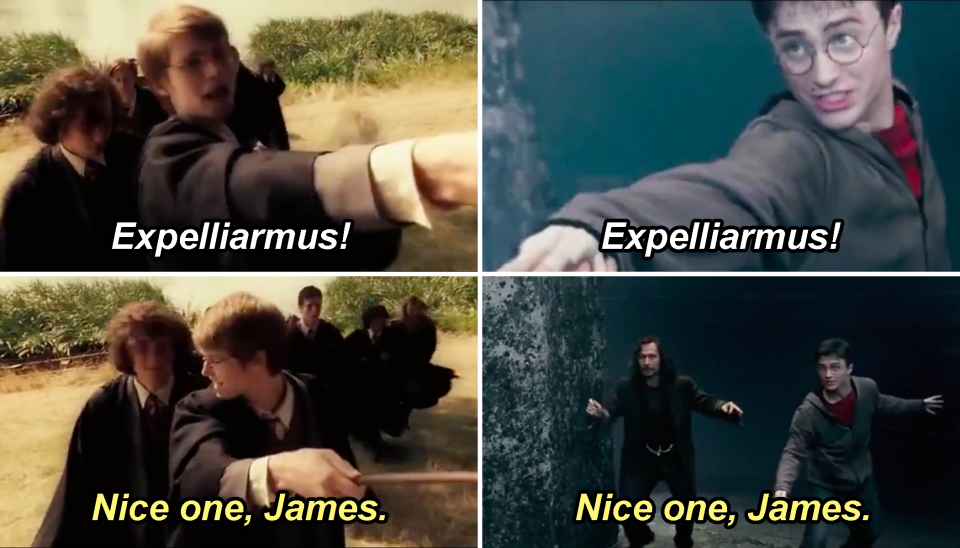 James and Harry using "Expelliarmus" and Sirius responding in both with "Nice one, James"