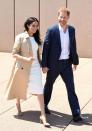 <p>Prince Harry and Meghan Markle kicked off their royal tour with a <a href="https://www.townandcountrymag.com/society/tradition/g23796309/prince-harry-meghan-markle-royal-tour-australia-day-1-photos/" rel="nofollow noopener" target="_blank" data-ylk="slk:busy day in Sydney.;elm:context_link;itc:0;sec:content-canvas" class="link ">busy day in Sydney. </a>The Duchess <a href="https://www.townandcountrymag.com/style/fashion-trends/a23797964/meghan-markle-white-karen-gee-dress-royal-tour-australia-day-1/" rel="nofollow noopener" target="_blank" data-ylk="slk:wore a white dress;elm:context_link;itc:0;sec:content-canvas" class="link ">wore a white dress </a>by Australian designer Karen Gee with nude heels. She completed the outfit with a trench coat by Martin Grant. Meghan paid tribute to Princess Diana with her jewelry choices for the day: she <a href="https://www.townandcountrymag.com/style/jewelry-and-watches/a23828704/meghan-markle-princess-diana-jewelry-earrings-bracelet-royal-tour/" rel="nofollow noopener" target="_blank" data-ylk="slk:wore Diana's earrings and bracelet;elm:context_link;itc:0;sec:content-canvas" class="link ">wore Diana's earrings and bracelet</a> as well.</p>