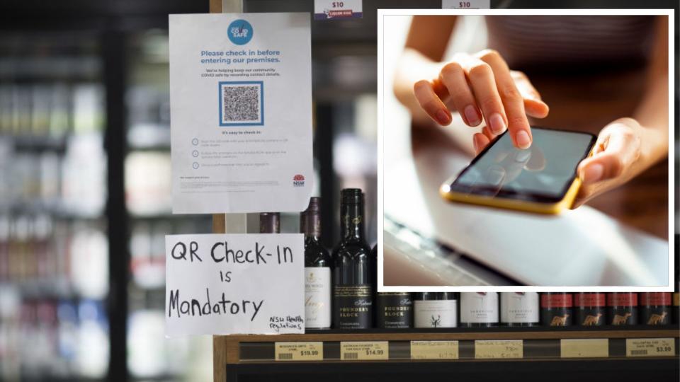 Bottle shop with NSW QR code and sign 'QR check-in is mandatory', image of woman using smartphone. 