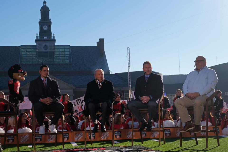David Pollack, Lee Corso, Kirk Herbstreit, and Chris Fallica of  ESPN's 'College GameDay' holds a segment on the second stage during the broadcast's first appearance at UC before the Bearcats face the University of Tulsa, Saturday, Nov. 6, 2021, at The Commons on UC Main Campus in Cincinnati.