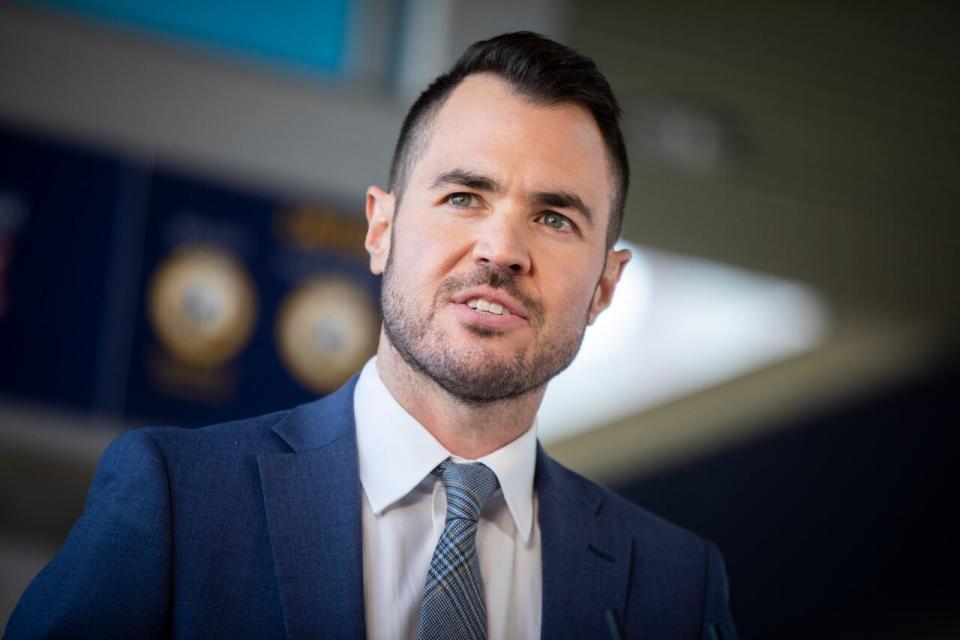 City of Port Coquitlam mayor Brad West is pictured during an announcement regarding funding for Translink in Vancouver, British Columbia on Wednesday, March 15, 2023. 