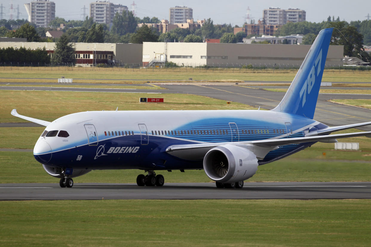 FILE - The Boeing 787 Dreamliner after its landing at Le Bourget airport, east of Paris, upon its presentation for the first time at the 49th Paris Air Show at the airport, June 21, 2011. Boeing has again stopped deliveries of its 787 passenger jet because of questions around a supplier’s analysis of a part near the front of the plane, company and federal officials said Thursday, Feb. 23, 2023. (AP Photo/Francois Mori, File)