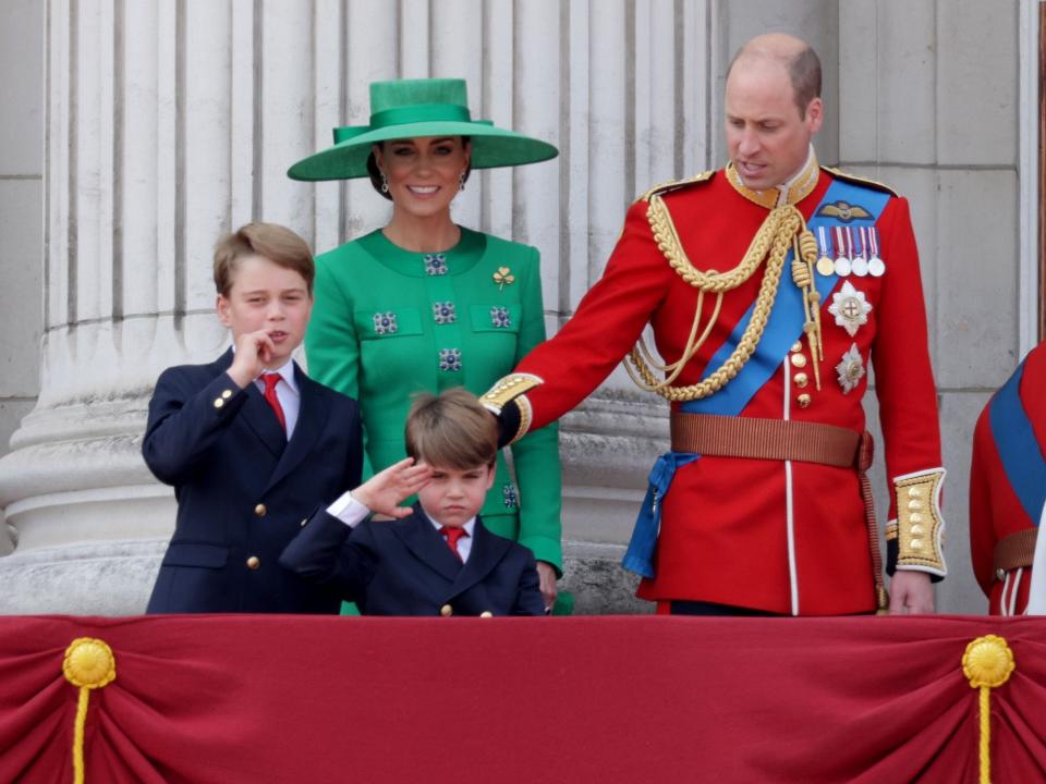 Prince George, Kate Middleton, Prince Louis, and Prince William on the balcony of Buckingham Palace during the Trooping the Colour on June 17.