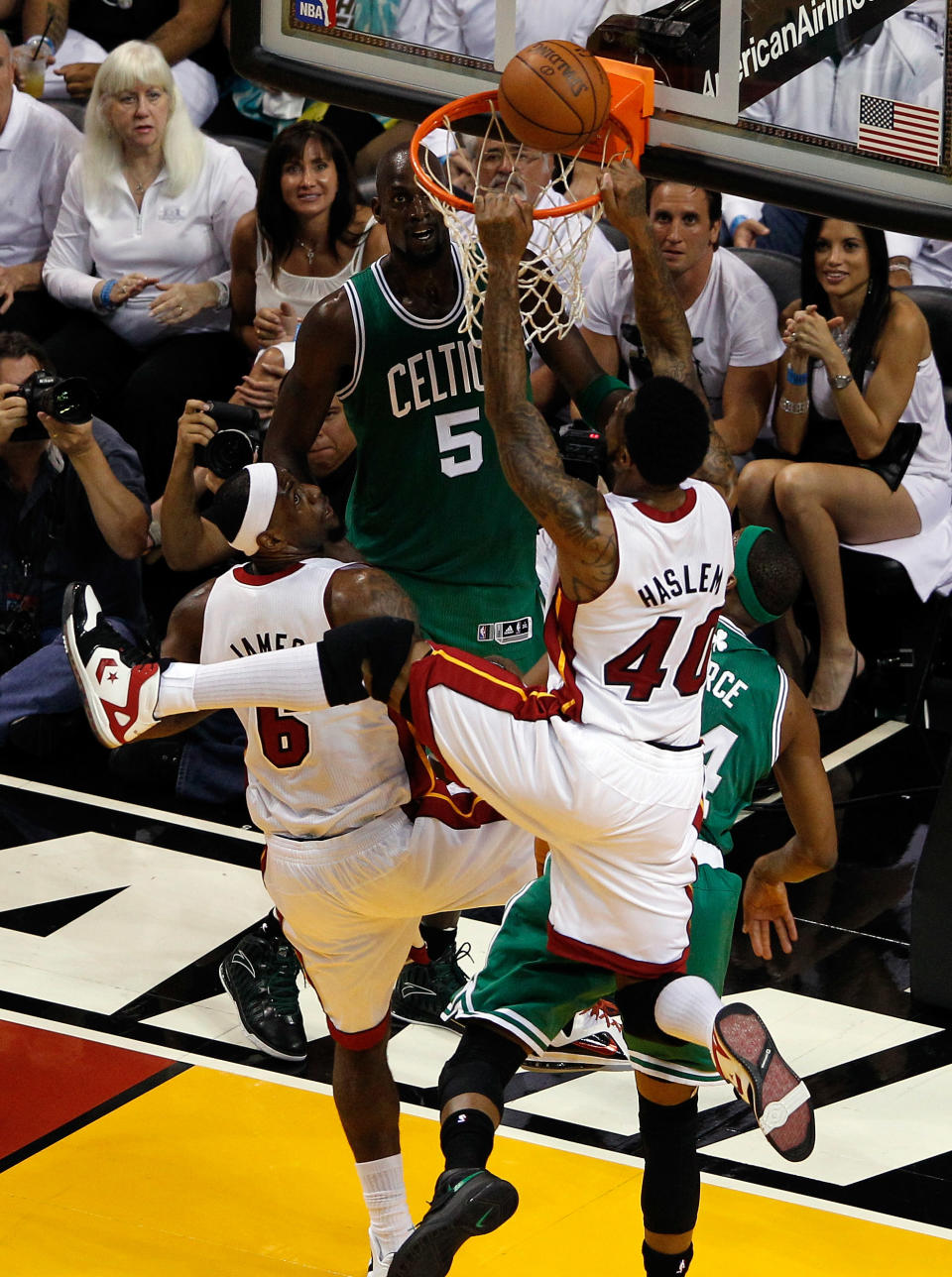 MIAMI, FL - JUNE 09: Udonis Haslem #40 of the Miami Heat is called for interference as he touches the ball as it is on the rim after teammate Dwyane Wade #3 misses a layup in the first quarter against the Boston Celtics in Game Seven of the Eastern Conference Finals in the 2012 NBA Playoffs on June 9, 2012 at American Airlines Arena in Miami, Florida. (Photo by J. Meric/Getty Images)