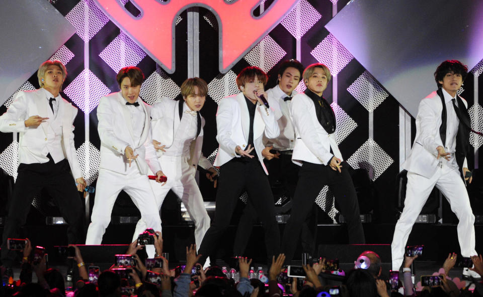 FILE - BTS performs during the KIIS-FM Jingle Ball concert on Dec. 6, 2019, in Inglewood, Calif. The group is nominated for best pop duo/group performance at the Grammy awards, pitting their hit against hits from Lady Gaga, Ariana Grande, Taylor Swift, Justin Bieber, Bad Bunny and Dua Lipa. BTS will also perform during the show, airing on Sunday, March 14, 2021. (AP Photo/Chris Pizzello, File)