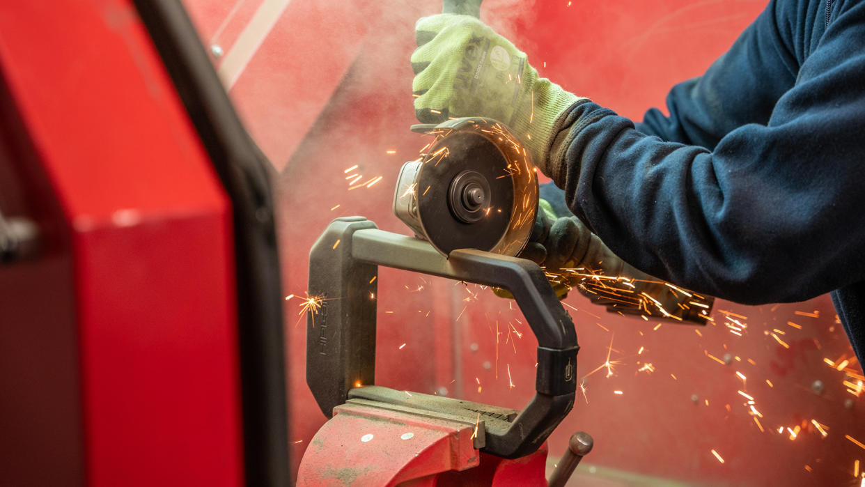  Hiplok 1000 Series bike lock being cut by an angle grinder. 