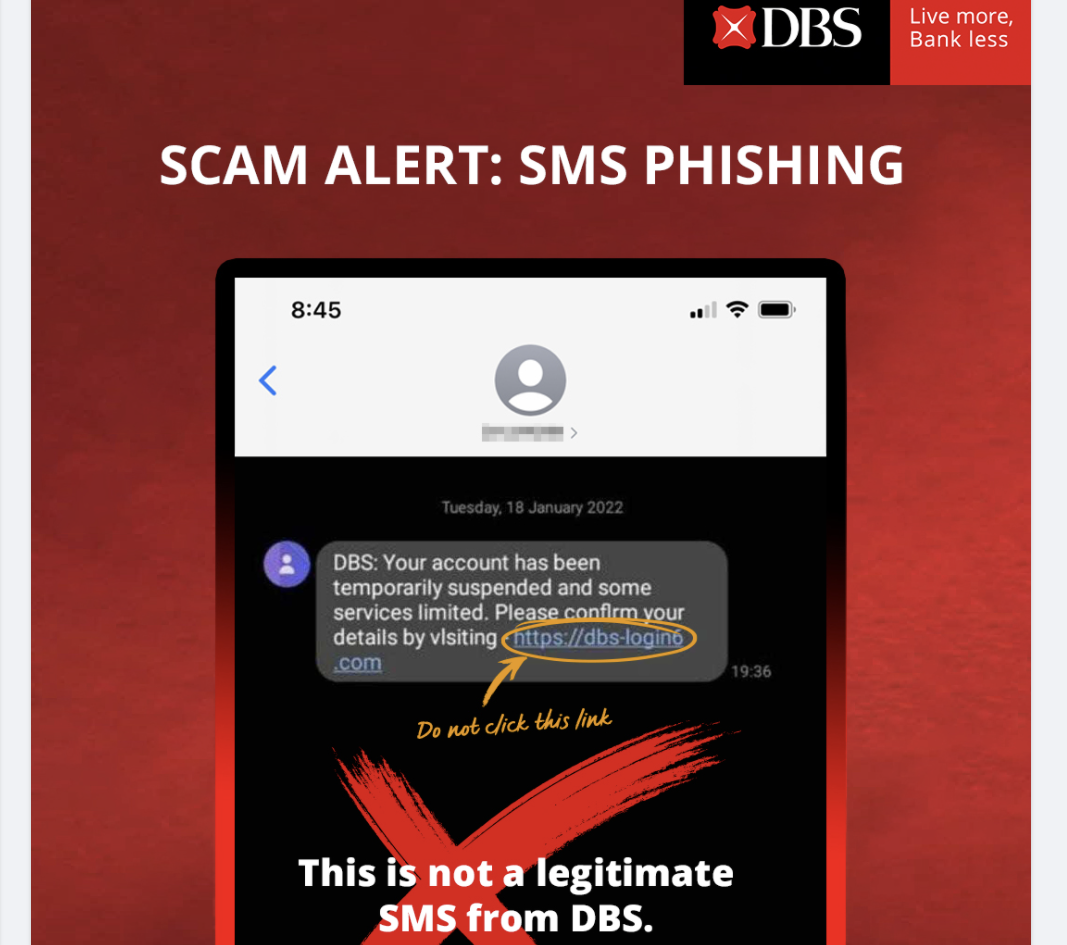 DBS warned the public on 19 January 2022 of an SMS phishing scam. (SCREENSHOT: DBS/Facebook)