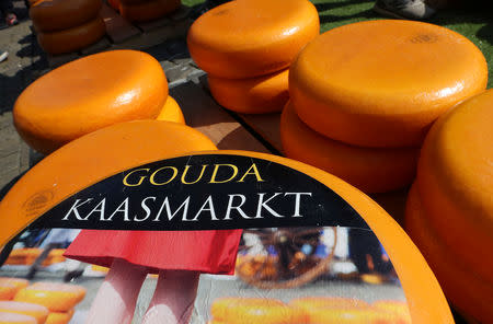 Gouda wheels are pictured at the cheese market in Gouda, Netherlands April 18, 2019. REUTERS/Yves Herman