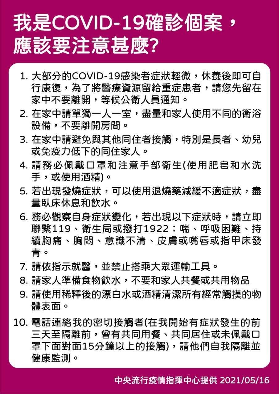 確診COVID19怎麼辦？(指揮中心提供)