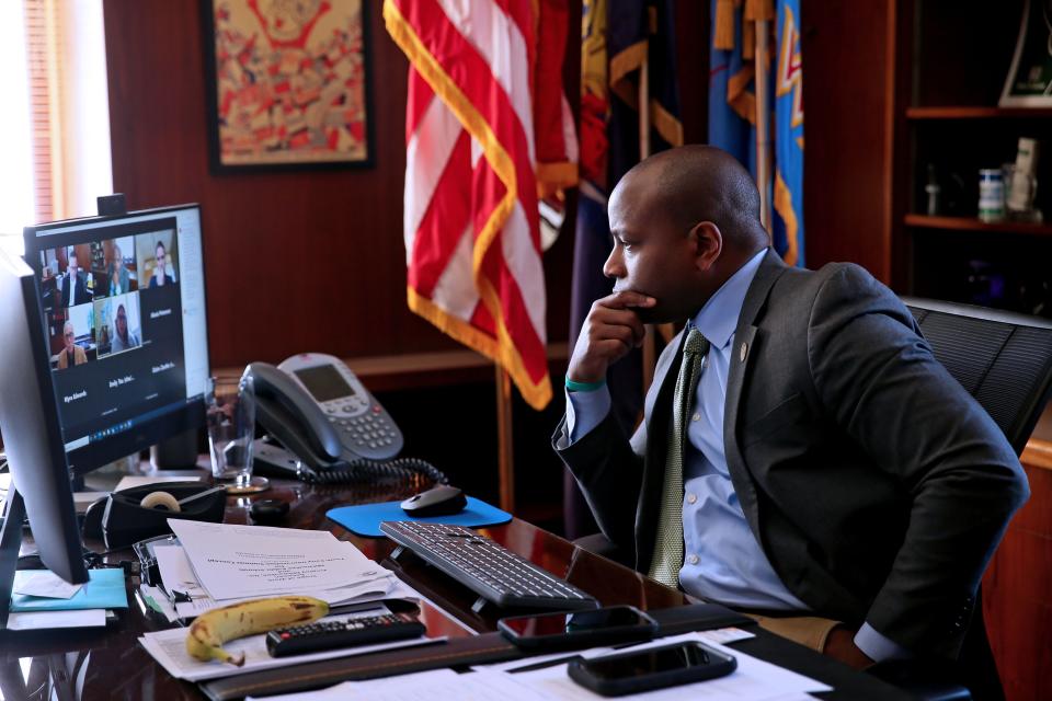 Johnson participates in the weekly COVID briefing with the Milwaukee Health Department commissioner and other local officials on May 23 at his office at Milwaukee City Hall.