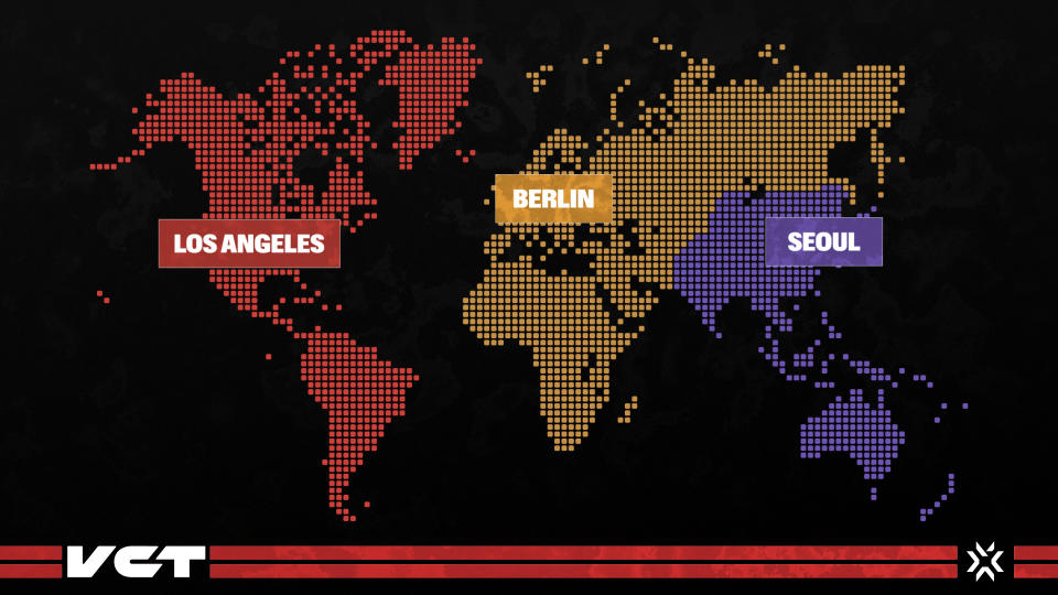 The 2023 VALORANT Champions Tour features three competitive regions: EMEA, the Pacific, and the Americas. Matches for these regions will be hosted in Berlin, Seoul, and Los Angeles, respectively. (Photo: Riot Games)