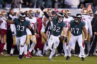 Philadelphia Eagles safety Reed Blankenship celebrates after their win in the NFC Championship NFL football game between the Philadelphia Eagles and the San Francisco 49ers on Sunday, Jan. 29, 2023, in Philadelphia. The Eagles won 31-7. (AP Photo/Seth Wenig)