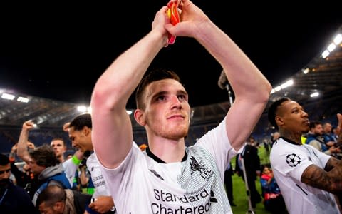 Andrew Robertson celebrates making it to the Champions League final - Credit: Getty images