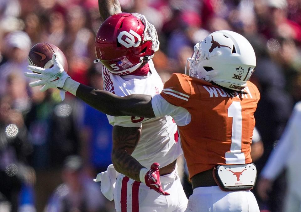 Texas wide receiver Xavier Worthy can't come up with the catch on a fourth-quarter play.  Worthy finished the game with eight catches for 108 yards but was stopped inches short of a touchdown on a critical fourth-and-goal play in the fourth quarter.