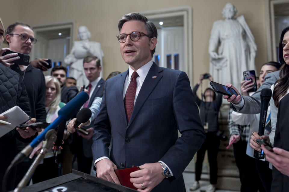 Speaker of the House Mike Johnson, R-La., talks to reporters just after the House voted to approve $95 billion in foreign aid for Ukraine, Israel and other U.S. allies, at the Capitol in Washington, Saturday, April 20, 2024. (AP Photo/J. Scott Applewhite)