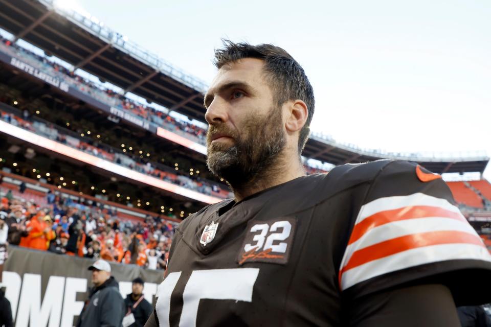 Browns quarterback Joe Flacco leaves the field after a win over the Chicago Bears, Sunday, Dec. 17, 2023, in Cleveland.