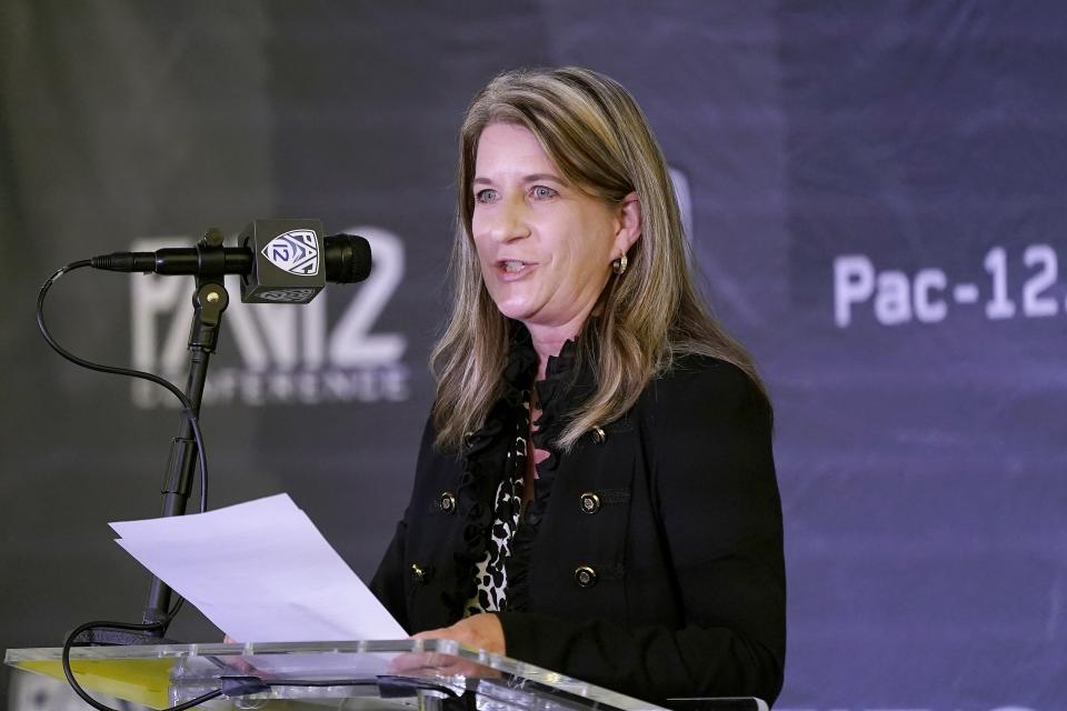 Gould speaks at Pac-12 Media Day in 2021. (Jeff Chiu/AP Photo)
