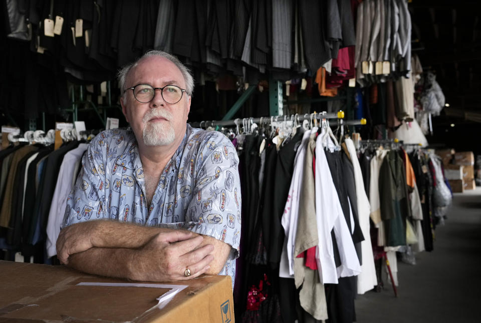 Shon LeBlanc, co-owner of costume rental service Valentino's Costume Group, poses for a portrait at his warehouse, Friday, May 26, 2023, in Los Angeles. (AP Photo/Chris Pizzello)