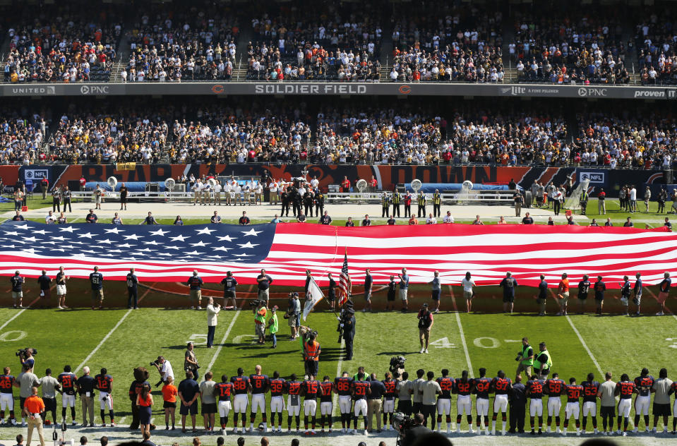 <p>The Pittsburgh Steelers side of the field is nearly empty during the playing of the national anthem before an NFL football game between the Steelers and Chicago Bears, Sunday, Sept. 24, 2017, in Chicago. (AP Photo/Kiichiro Sato) </p>