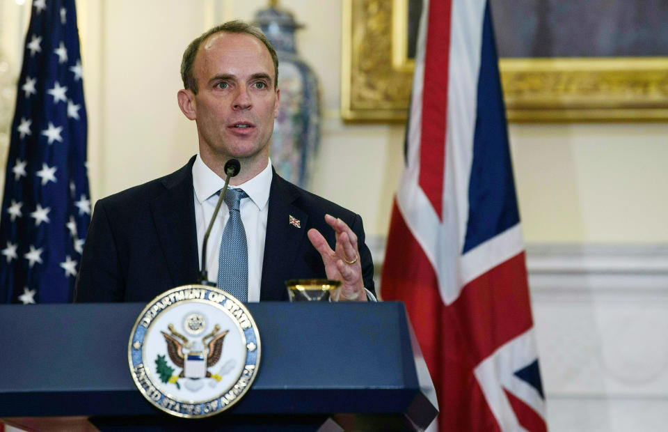 British Foreign Secretary Dominic Raab speaks at a press conference with Secretary of State Mike Pompeo at the State Department, Wednesday, Sept. 16, 2020 in Washington. (Nicholas Kamm/Pool via AP)