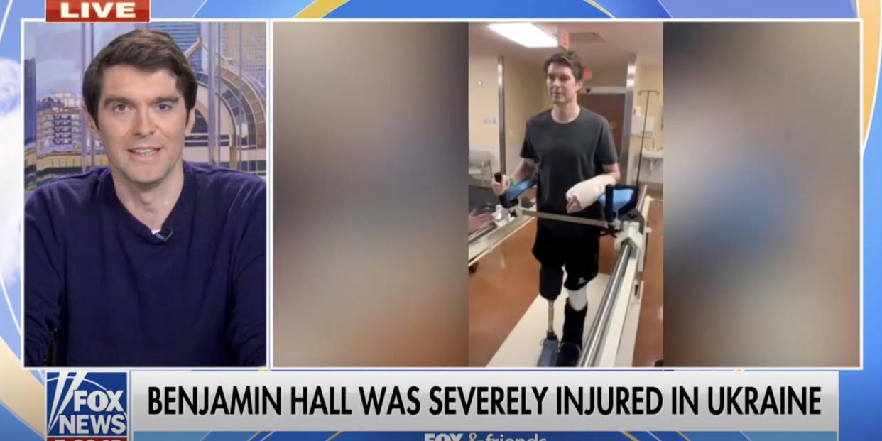 A split-screen screenshot from Fox and Friends on January 26, 2023 showing Benjamin Hall being interviewed and footage of him being rehabilitated on a walking track.