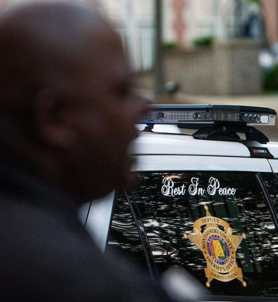 Sheriff Derrick Cunningham speaks as the Montgomery County Sheriff's Office holds a celebration of life, Thursday April 11, 2024 at the Sheriff’s office in Montgomery, Ala., honoring Deputy Jermyius Young, who died from injuries he sustained in a crash while responding to a call.