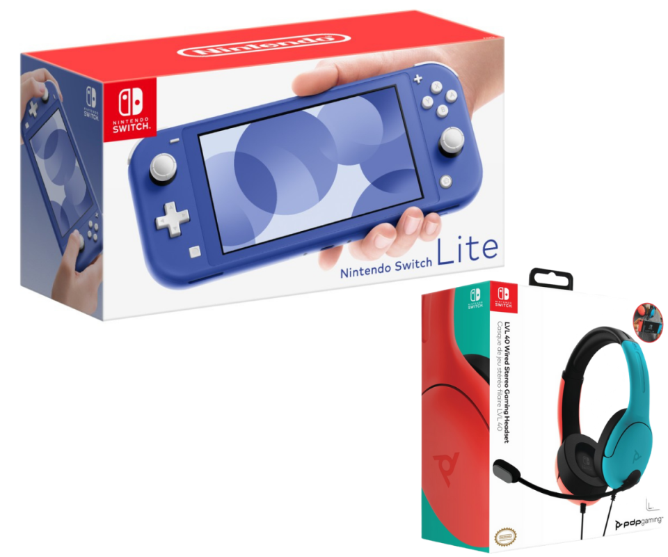 Top left is a blue Nintendo Switch Lite in its packaging box while underneath is the Nintendo gaming headset in blue and red in its packaing. 