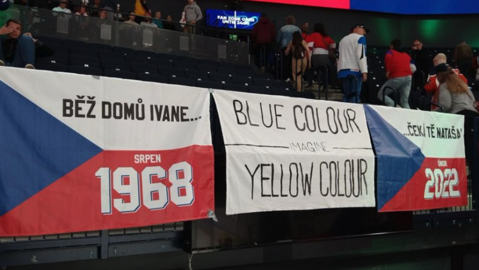 The IIHF apparently refused to allow Czechia fans' Ukrainian flag to be displayed at the world championships because the country isn't in this year's event. (Photo via Twitter/@JiriPriban)