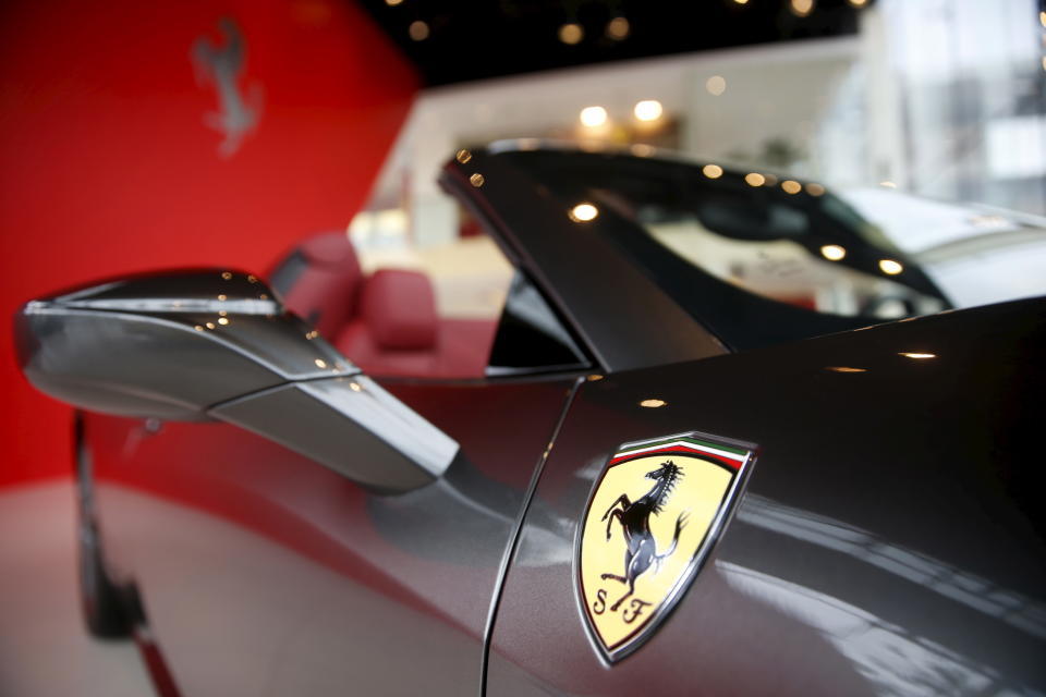 A Ferrari car is on sale at a dealership outside Moscow, Russia as the UK and EU ban luxury goods to the country.
