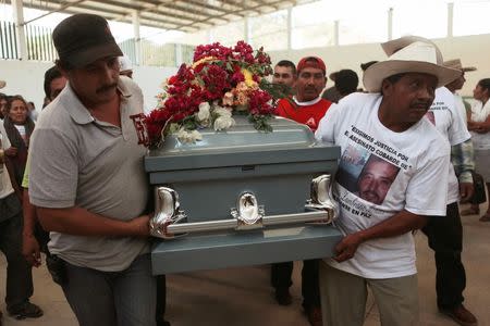 Relatives of Antonio Zambrano-Montes carry his coffin after a funeral mass in Pomaro, in the Mexican state of Michoacan March 7, 2015. REUTERS/Alan Ortega