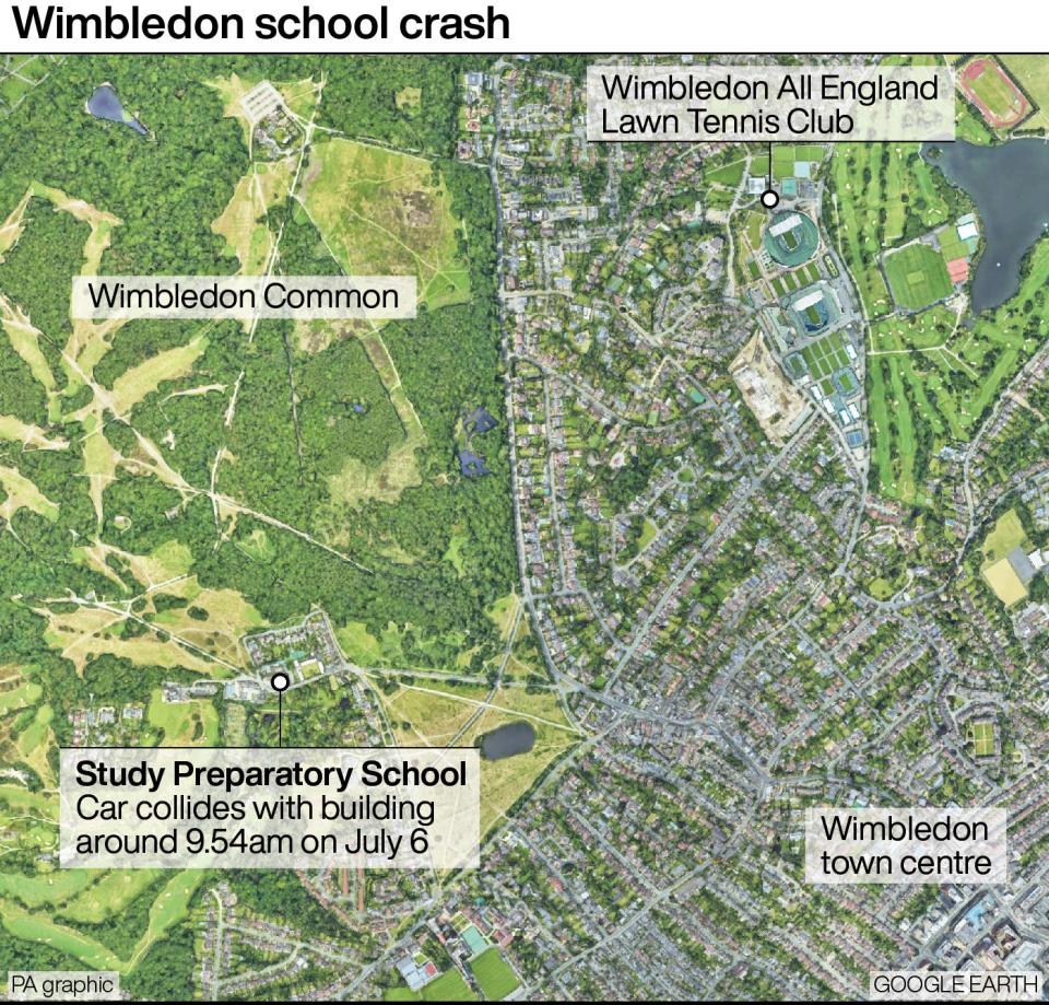 A satellite view of the area shows the scene of the crash in Wimbledon. (PA)